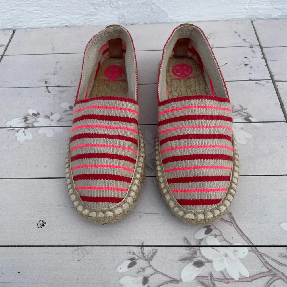 Tory Burch Striped Canvas Espadrille in Pink and Red
